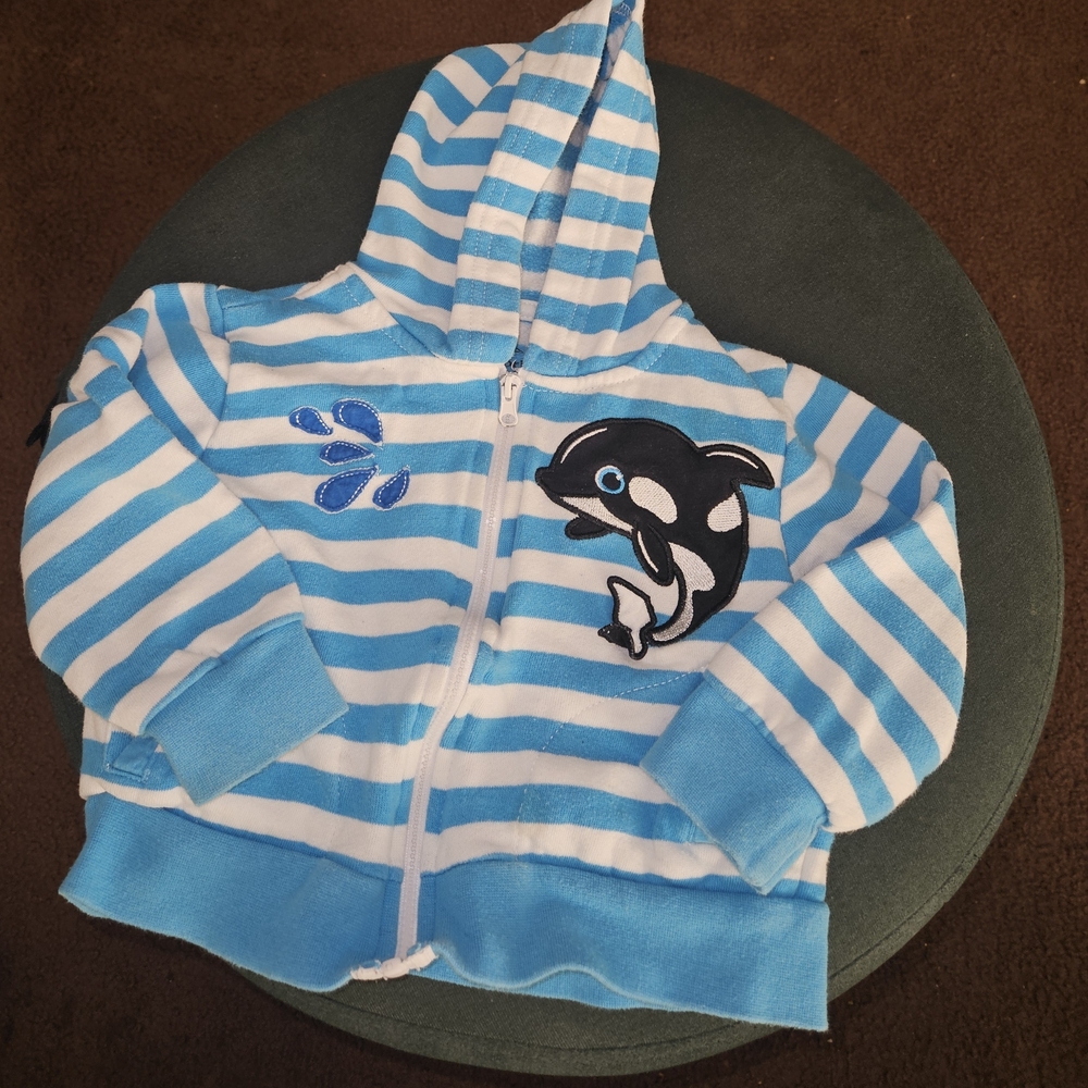 Sea World Blue and White Striped Toddler Hoodie with Dolphin Design